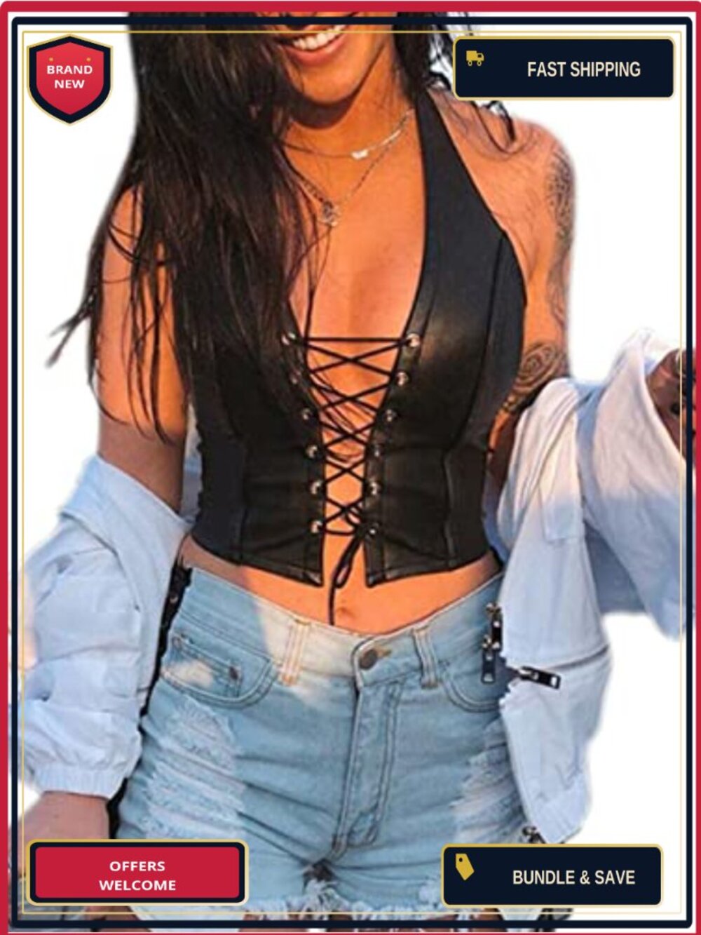 PU Leather Corset Top Adjustable Spaghetti Straps Bustier Crop Rave Club Party